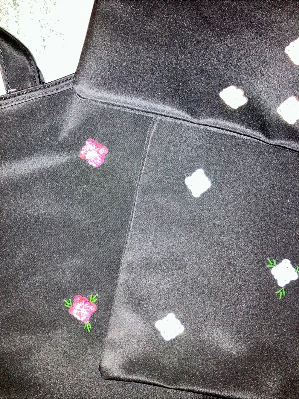 Black Floral Embroidered Tote with Matching Pouch Set